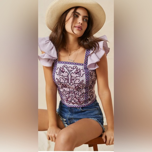 Anthropologie Tops - Anthropologie Lavender Embroidered Ruffle-Sleeve Top